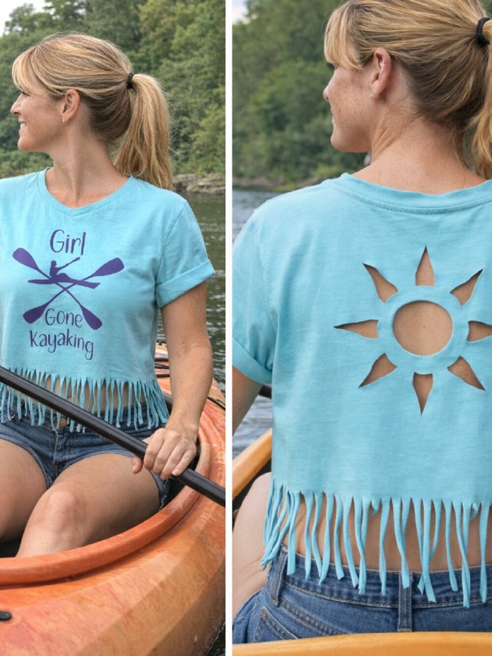 Summer Shirt Upcycled Cut-Out Back Top Edgy Fashion Girl Kayaking Size Large